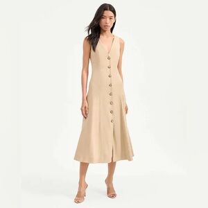 Veronica Beard Lou Pleated Midi Dress Stone Khaki size 10 $698 Gold Buttons